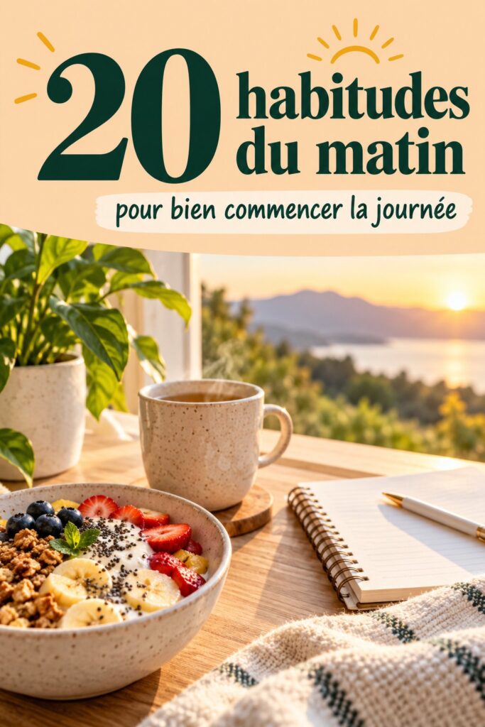 Un lever de soleil sur une tasse de café et un carnet ouvert, symbolisant une routine matinale réussie.