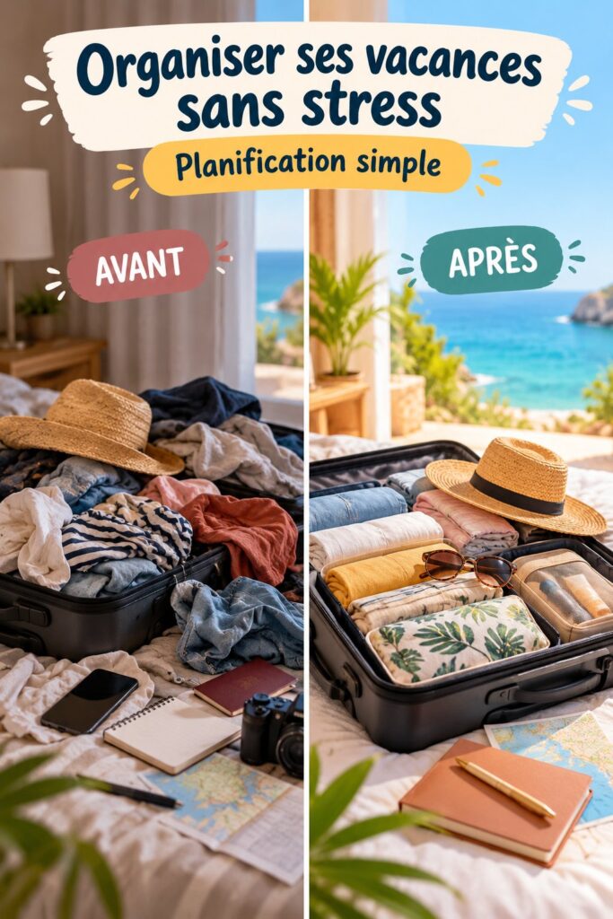 Personne organisant ses vacances sur un ordinateur avec un carnet à côté